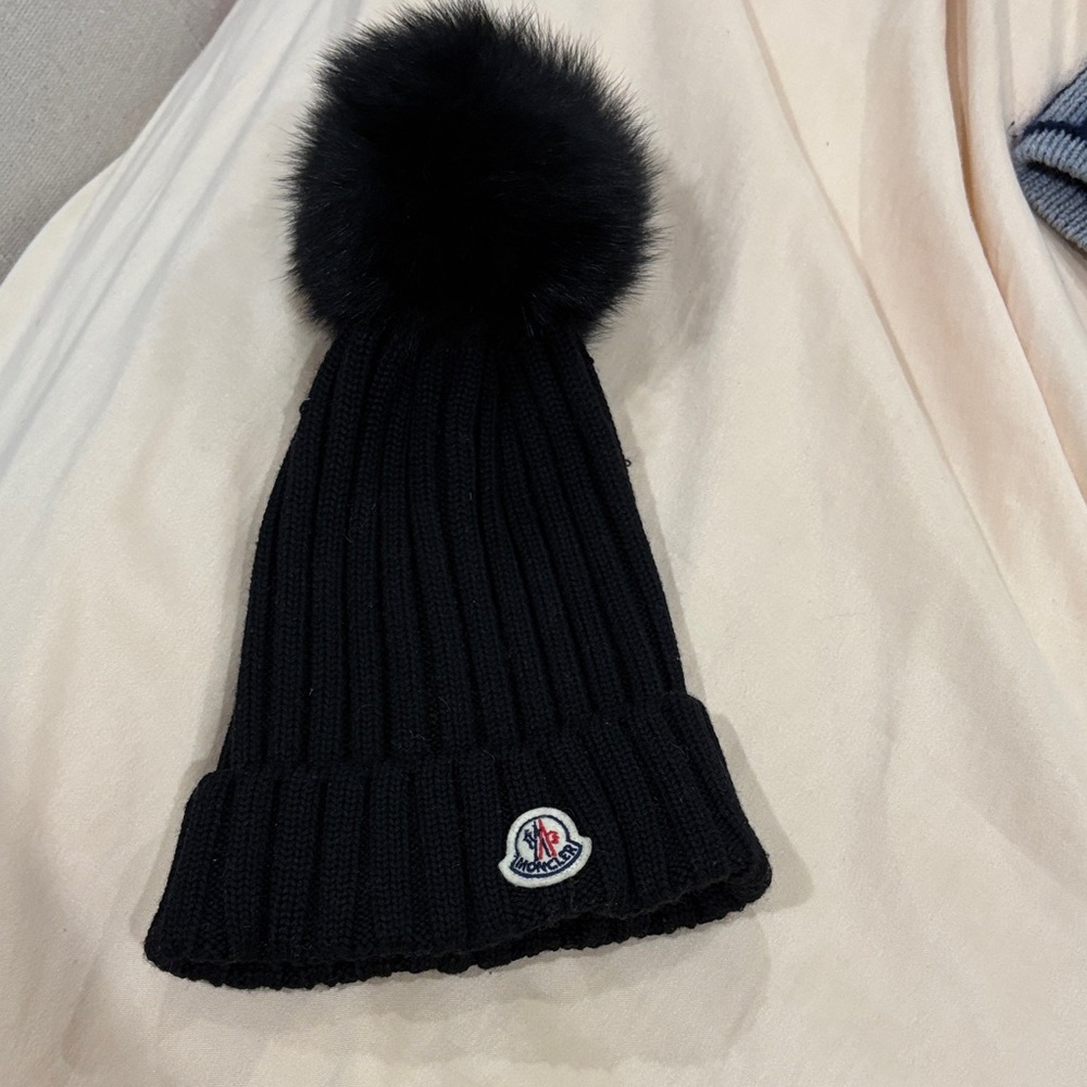 Moncler Black Ribbed Beanie with Pom Pom